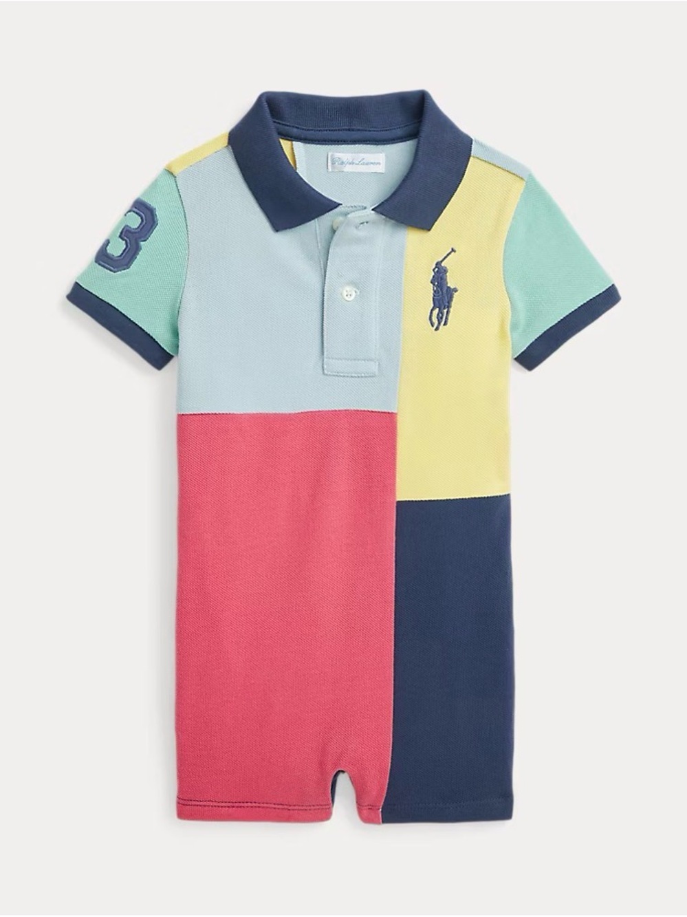 Ralph Lauren Patchwork Polo Romper in Navy, Pink, Yellow & Light Blue
